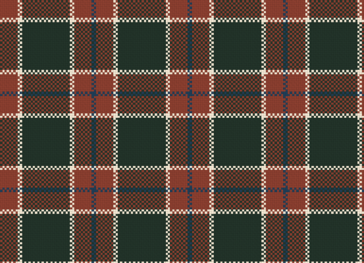 Editable scarf tartan fabric with warm red, green, navy, and cream yarn bands.